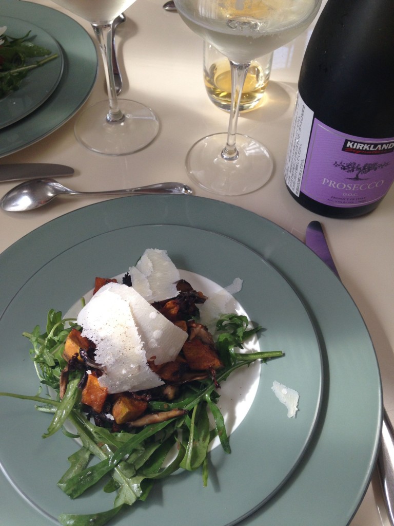 Roasted pumpkin and hen of the wood mushroom salad × Prosecco
