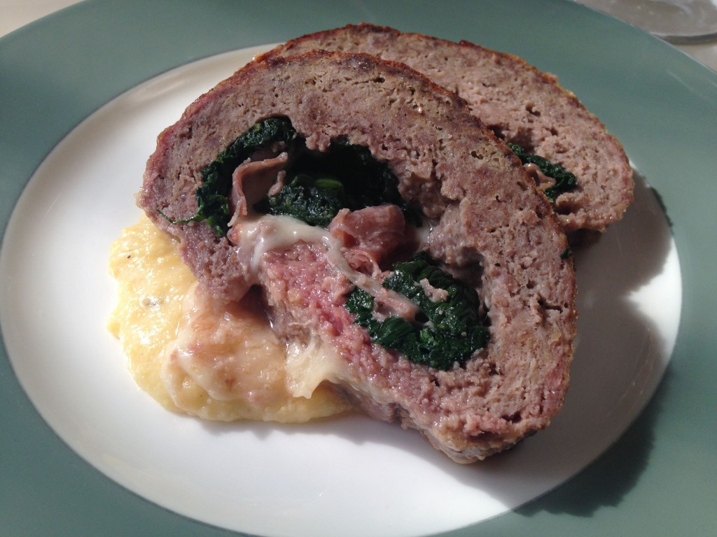 Italian meatloaf stuffed with prosciutto, spinach and provolone cheese & Creamy soft polenta with roasted garlic