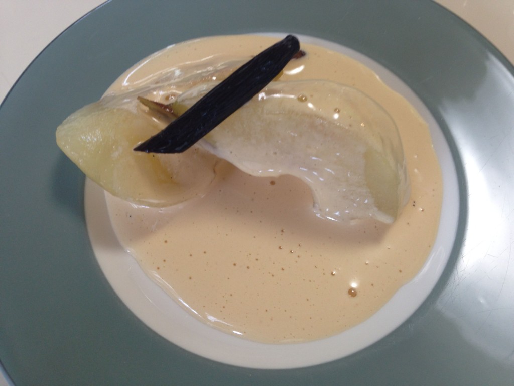 Poached pear with zabaglione